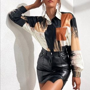 Brush Print Colorblock Blouse